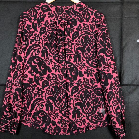 Ann Taylor  LOFT Womens Blouse Maroon Black Floral Long Sleeve Sheer Large - Picture 10 of 11